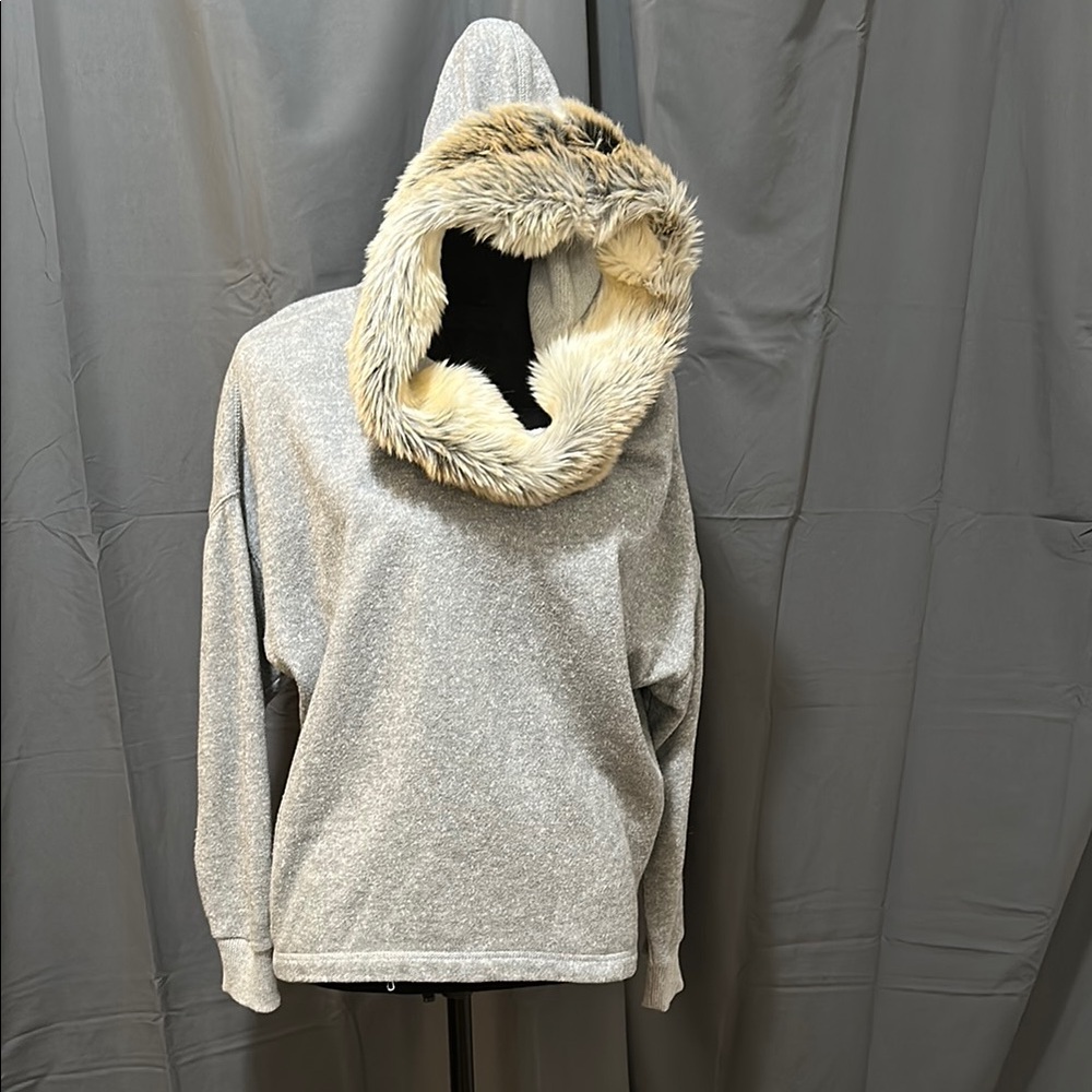 Aerie Gray Hooded Sweater with Faux Fur Trim
